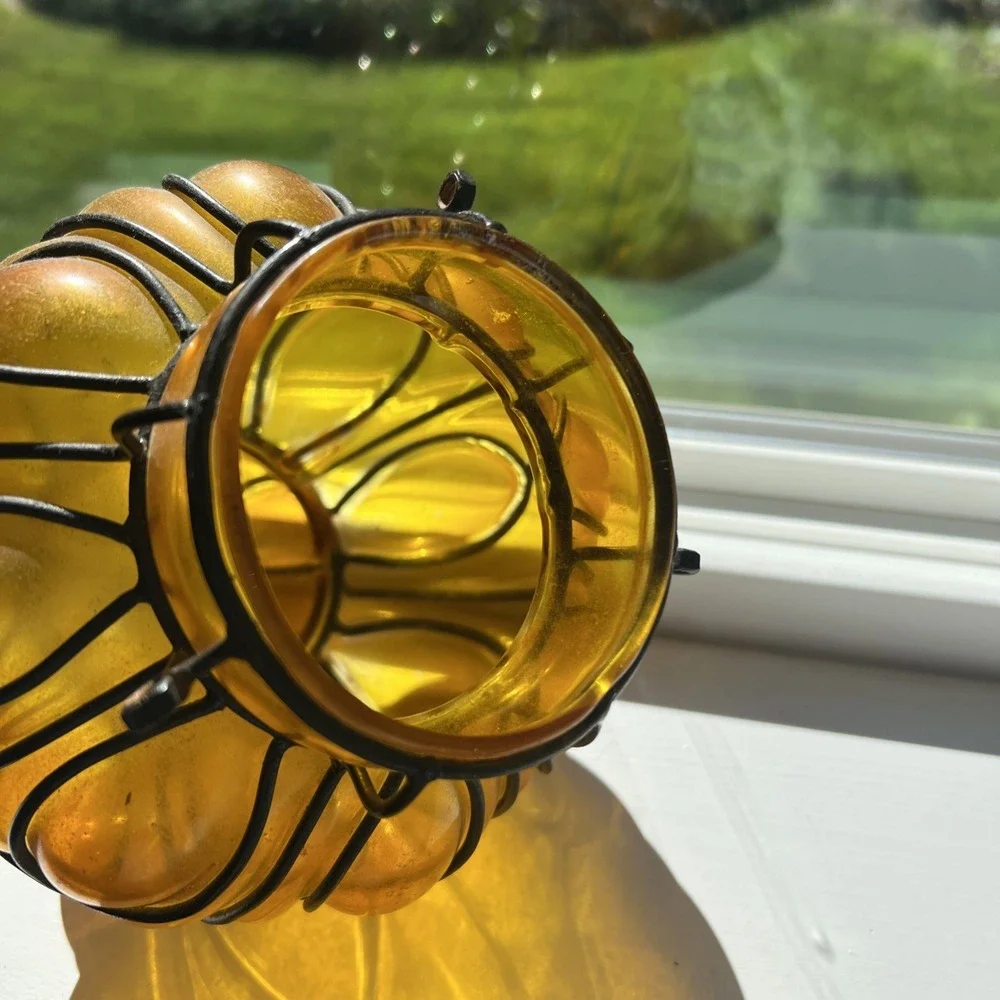 Hanging Iron Caged Amber Glass Bubble Candle Holder Luminary Vase Moroccan  MCM